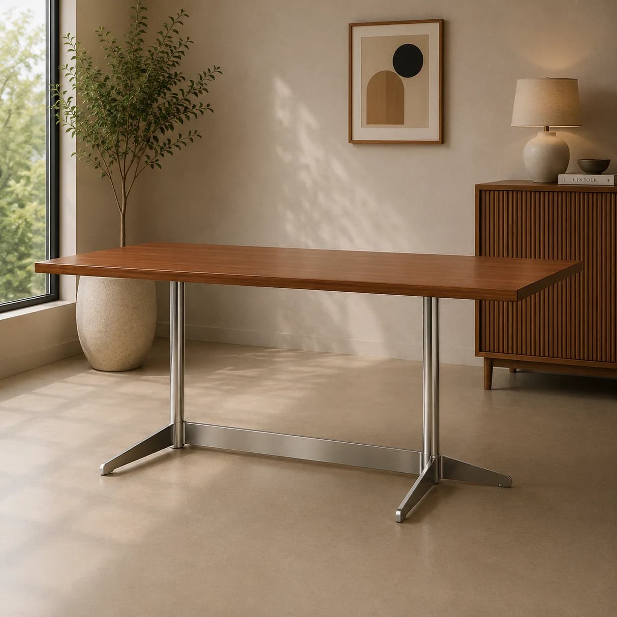 Walnut Chrome Trestle Table